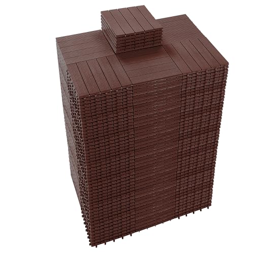 PrimeZone 432 PCS Plastic Interlocking Patio Deck Tiles - 12" x 12" Waterproof Indoor Outdoor Flooring, Patio Floor Decking for Balcony, Backyard, Garden & Poolside, All Weather Use, Dark Brown
