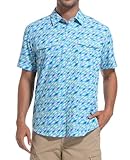 Hawaiian Shirt for Men Button Down Short Sleeve Fish Print Collared UPF 50+ Sun Protection Fishing Beach Travel Hinking Shirts with Pocket Blue Fish L