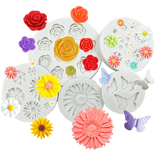 Flower Silicone Fondant Molds, 5pcs Butterfly Daisy Rose Chrysanthemum Flower Silicone Mould Candy Chocolate Molds for DIY Cake Cookie Pudding Gum Paste Cupcake Cake Topper Decoration Desserts Sugar