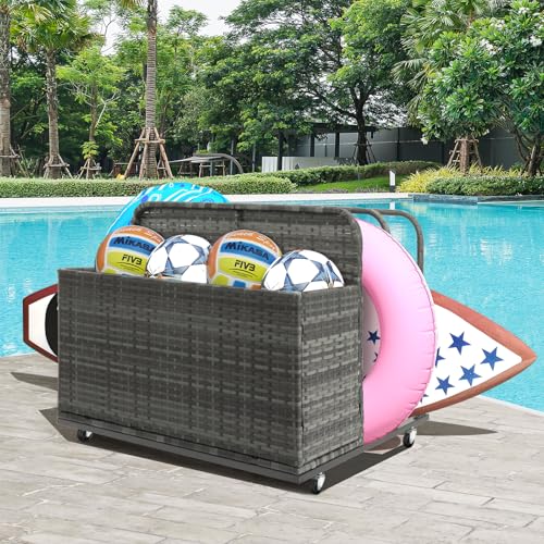 ZealWe Pool Float Storage Box Outdoor Rolling Poolside Storage Basket Organizer for Patio PE Rattan Pool Caddy with Wheels for Cushions, Floaties, Noodles, Life Vests, Beach Balls, Toys