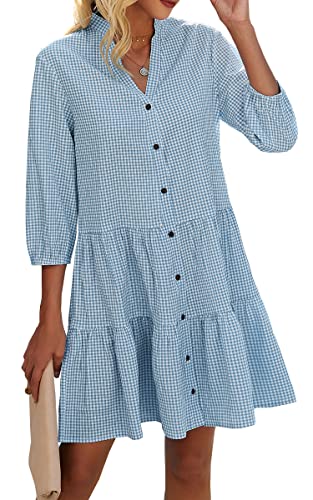 CCTOO Women's Summer Dresses Casual V Neck Button Down 3/4 Sleeve Floral Print Loose Flowy Shirt Dress Gray Blue Large