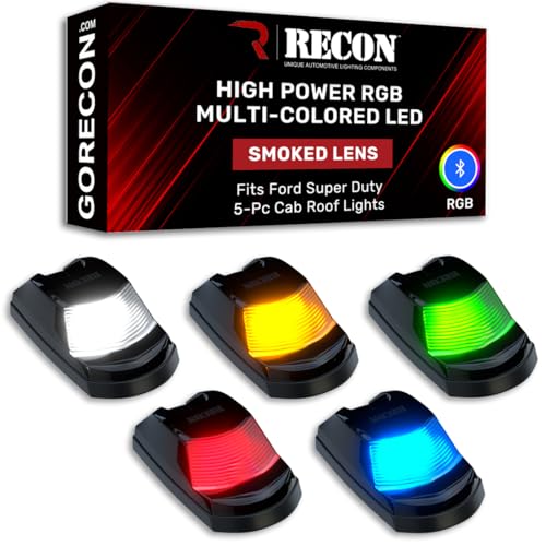 RECON - Fits 17-22 Super Duty (F250, F350, F450) Premium 5-PC Ultra Bright Cab Roof Light Kit High Power RGB Multi-Colored LED w/Bluetooth App (Replaces Factory Cab Roof Lights Only) (SMOKED LENS)