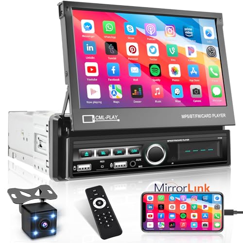Hikity Single Din Touchscreen Car Stereo 7 Inch Touch Screen Car Radio, Automatic Flip Out Sceen Car Stereo with FM Radio, Bluetooth, Mirror Link, EQ, USB/TF/AUX Input, SWC, Backup Cam