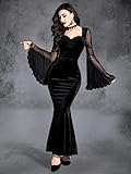 LANSHULAN Gothic Contrast Mesh Flounce Sleeve Velvet Mermaid Hem Dress Clothes