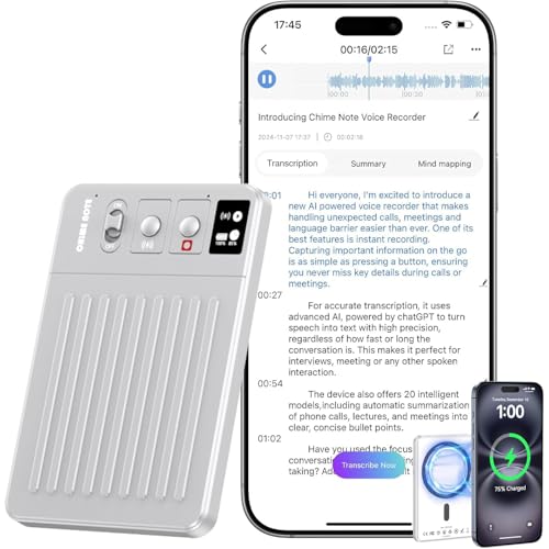 AI Voice Recorder - Voice Recorder w/No Fee for Transcribe & AI Summarize by ChatGPT, APP & Web Control, 117 Languages, 64GB Memory, Wireless Charging,Digital Voice Recorder for Meetings/Calls Silver