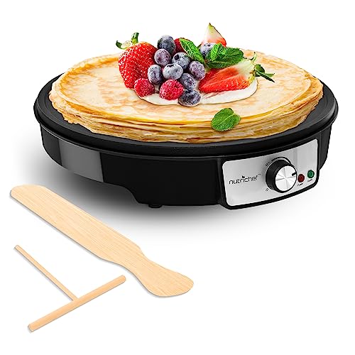 Nutrichef Electric Crepe Maker & Griddle Cooktop - Nonstick 12 Inch Aluminum Hot Plate with LED Indicator Lights & Adjustable Temperature Control - Wooden Spatula & Batter Spreader Included