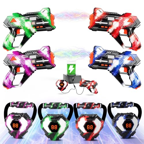 Rechargeable Laser Tag Guns Set of 4 with 360°Sensors & LED Display Real-Time Hit Feedback, Front Vest & Back Target Full-Body Game for Kids Ages 8-12, Teens and Adults - Indoor/Outdoor Party Toys