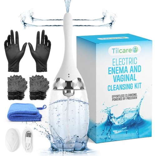 Enema & Vaginal Kit by Tilcare - Enemas for Colon Cleanse - Electric Anal Douche with 3 Speed Settings & Remote Control - Soft Silicone Enema Bulb Cleaner with 15 Gloves & Towel