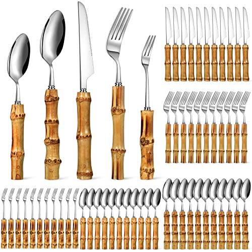Eboot Bamboo Silverware Set 18/8 Stainless Steel Tableware Set Natural Utensil Flatware Kit Spoon Fork Knives Bamboo Handle Cutlery for Kitchen Wedding Home Restaurant Party(Silver,60 Pieces)