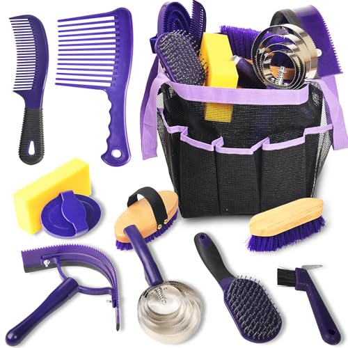 KUNBEIEN Horse Grooming Kit, 11 Piece Horse Bathing Supplies with Organize Bag, Horse Washing Full Body Kit, Including Sweat Scraper, Bath Sponge, Hoof Pick, Massage Comb(Purple）