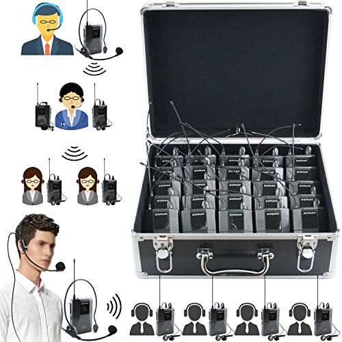 EXMAX EX-938 Wireless Headset Microphone Audio Tour Guide System for Church Translation Teaching Travel Simultaneous Interpretation.(1 Transmitter 25 Receivers with Black Aluninum Storage Case)