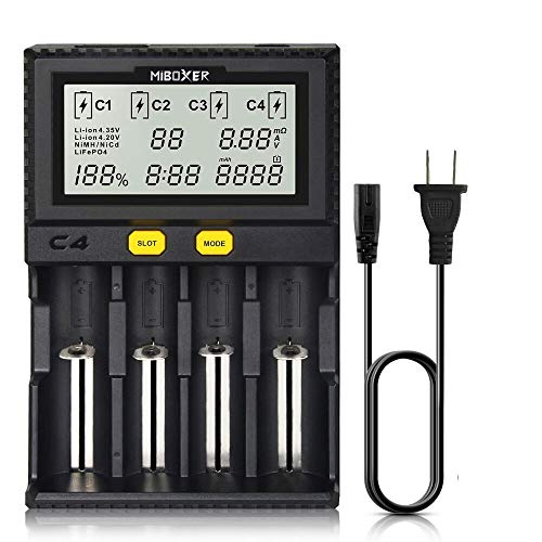 MiBOXER 18650 Battery Charger, Smart Universal 4-Bay Charger, Automatic LCD Display,Fast Charging Rechargeable Li-ion LiFePO4 Ni-MH Ni-Cd AA AAA C 18350 18500 18700 20700 21700 26650 RCR123