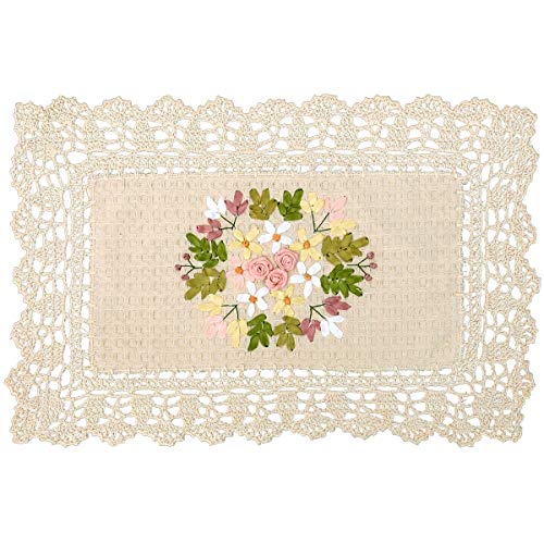 Grelucgo Handmade Crochet Cotton Lace Table Placemats, Ribbon Embroidery, Rectangular 12 by 18 Inches Doilies Set of 4