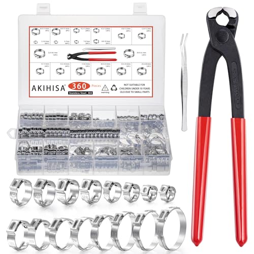AKIHISA 360pcs 16 Sizes Single Ear Hose Clamps, 5.3-36.1mm Stainless Steel_304 Crimp Hose Clamps Cinch Rings Assortment Kit for Automotive, Pipe, Plumbing