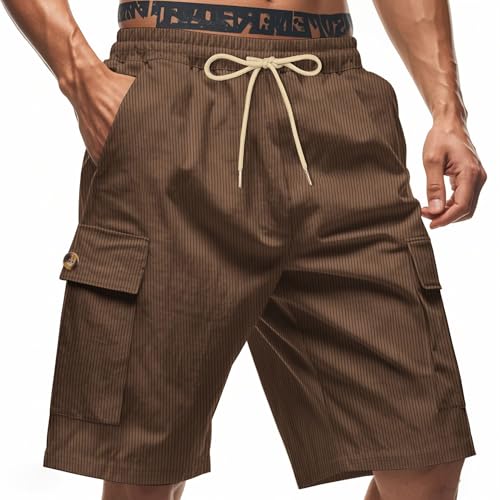 Dirxi Men Corduroy Solid Color Shorts Brown Elastic Waist Drawstring Button Decor Pants Multi Pockets Casual Fashion Loose Hawaiian Beach Pants Summer Vacation Style Trend Sweatpants XL
