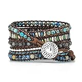 Somesame Compatible with Fitbit Versa/Versa 2/Versa Lite/Versa SE Bands Boho Beads Bracelets,Multilayer 5 Wraps Chakra Leather Handmade Braided Natural Stone Rope Watch Strap for Women Men,(Blue,S)