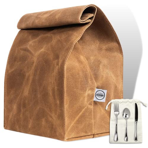 Waxed Canvas Lunch Bag – Reusable Insulated Paper Bag-Style Lunchbox for Adults – Leakproof & Durable Sack Lunch Box for Work, Picnic & Travel – Stylish Brown Bag Cooler with Shoulder Strap