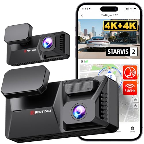 REDTIGER F77 4K+4K Front and Rear Dash Cam with HDR, Dual STARVIS 2 IMX678 Sensor, Voice Control Dash Camera for Cars with 128GB eMMC Storage, 5.8GHz WiFi, 4'' Touch Screen, 24H Parking Mode