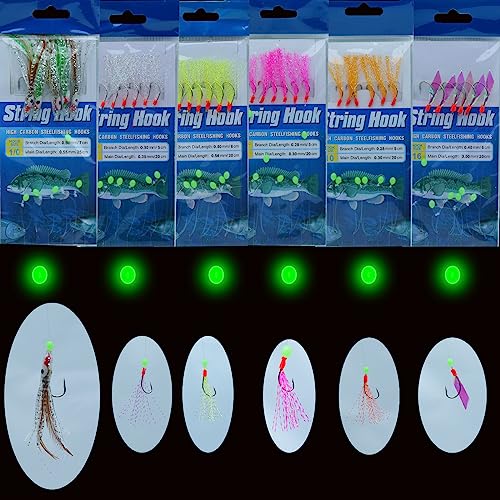 LINGUANG 22pack Hairtail/Ribbon/Cutlass Fish Luminous Lure Hook Bait, Sabiki Rigs Saltwater Size 8# 10# 12# 16# 6 Hooks Orange Red White Yellow Feather，Fihsing Bait Rig Flasher Lures Skin,