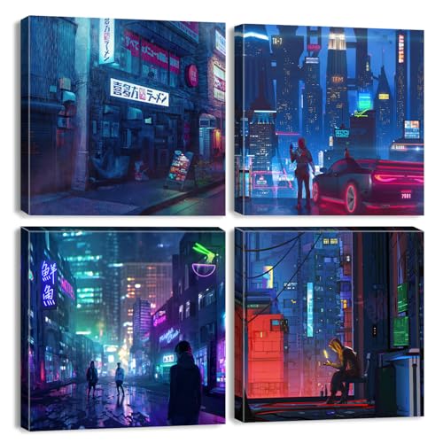 Japanese Anime Wall Art Anime Posters for Bedroom Decor Tokyo Neon Night City Canvas Prints Cyberpunk Gamer Wall Decor Modern Pop Gamer Posters for Boys Room Playroom Home Decorations 12x12" 4Pcs