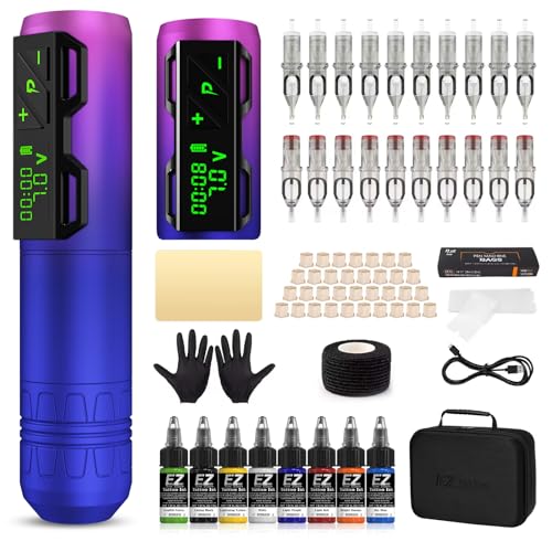 EZ Tattoo Gun Kit - Wireless Tattoo Machine Kit Complete with Rotary Tattoo Machine Pen, 20Pcs Tattoo Cartridge Needles, 1800mAh Power Supply Battery and 8 Color Tattoo Inks (P2S Purple)