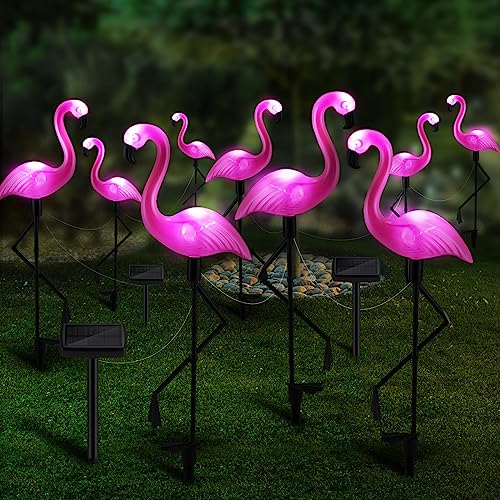 Geelin 9 Packs Pink Flamingo Solar Outdoor Light Decoration IP55 Waterproof Flamingo Solar Stake Lights LED Solar Powered Pathway Lights for Garden Yard Patio Lawn Walkway Driveway (Classic)