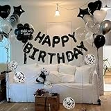 WEIKA 27 Pcs Black Birthday Decorations, 3D Foil Black Happy Birthday Balloon Banner, Pentagram Heart Foil Balloons Confetti Balloons Kit For Boys Girls Birthday Party Supplies