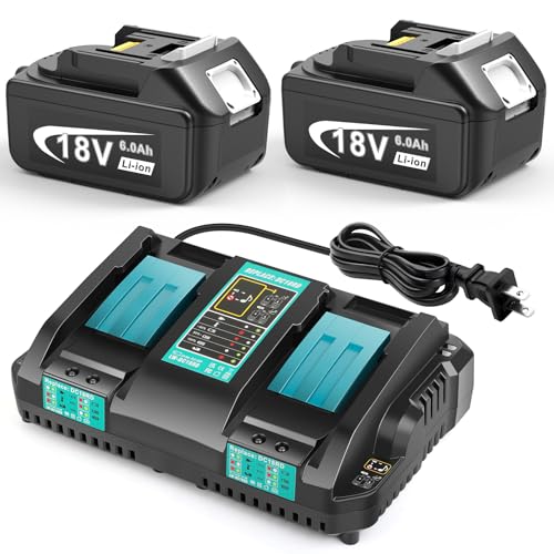 Djsanu 18V 6.0Ah Replace Battery for Makita BL1860 with Replace Charger, 2 Packs 18V 6000 mAh Lithium Battery with Dual Ports 14.4V-18V Charger Compatible with Makita BL1850 BL1840 BL1830 DC18RD
