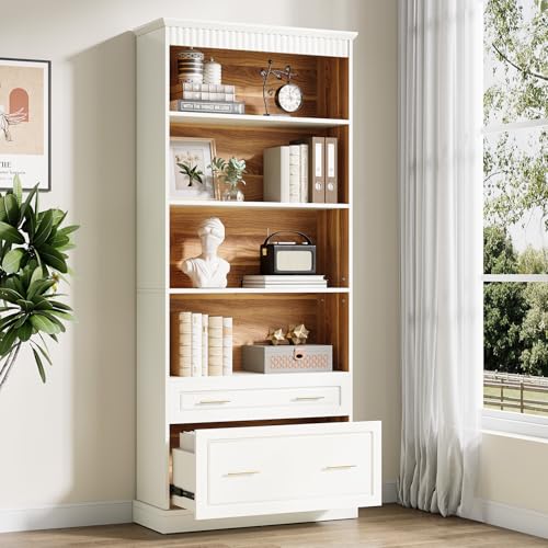 Tribesigns 5-Shelf Bookcase with File Cabinet Drawer, 72" Tall Bookshelf, Modern Free-Standing Wood Bookcase, Large Open Display Storage Book Shelf for Living Room (1, White)
