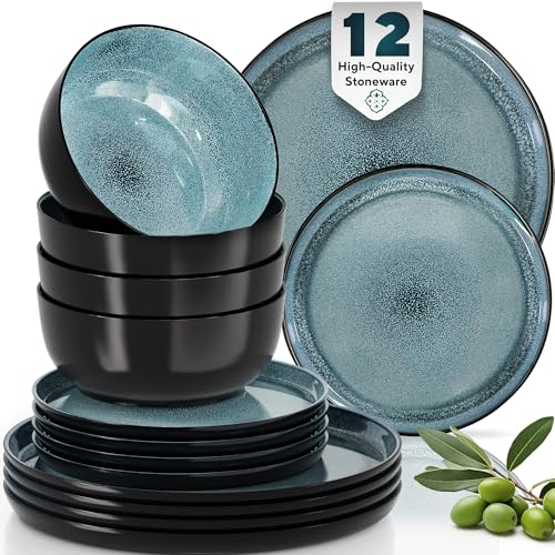 12 Piece Dinnerware Sets for 4 - Modern Style Stoneware Dinnerware Set - Scratch Resistant, Dishwasher Safe Plates and Bowls Sets Ceramic, Dish Set, Bowl and Plate Set - Black and Petrol Blue…