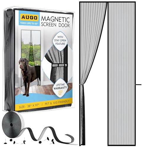 AUGO Magnetic Screen Door - Self Sealing, Heavy Duty, Hands Free Mesh Partition Keeps Bugs Out - Pet and Kid Friendly - Patent Pending Keep Open Feature - 38 Inch x 97 Inch