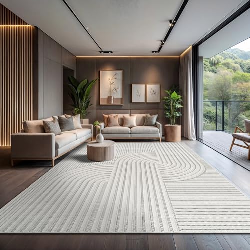 CAMILSON Modern Rug 9x12 Luxury Swirl Curved Large Micro Loop Area Rugs Soft High-Low Pile Stain Resistant Easy to Clean Non-Shedding Durable Living Room Kitchen Indoor Carpet (White)