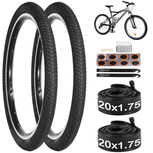 yeesport 20/24 Inch Bike Tire, 2 Pack 20/24x1.75 Bicycle Tires & Bike Tubes with Repair Kit, 20x1.75 Mountain Bike Tire Replacement, Rubber Tires for MTB Off-Road Bike (20x1.75 2 Pack Tires&Tubes)