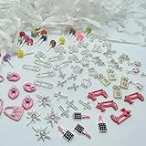 Pizadix 84 pcs 3D Sliver Pink Nail Charms Y2K Set Cute Nail Charms with Stars, Crowns, Crosses,Bins,Lollipops, Lips, Bottles, Cups, Perfume, Lipsticks, Bags, and Heels for Nail Art