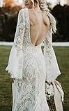 Women's Lace Boho Wedding Dresses for Bride 2022 with Long Sleeves Bohemian Beach Mermaid Bridal Gowns Ivory US20