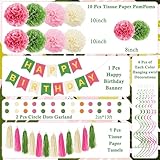 Pink and Green Birthday Decorations for Women Girls, Tissue Paper Pom Poms, Happy Birthday Banner, Paper Tassel, Circle Garland & Hanging Swirl Party Decoration