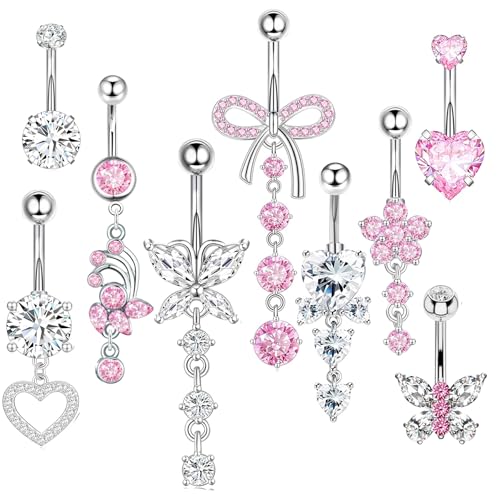 14G Silver Belly Button ring Dangle Surgical Stainless Steel Belly Rings Cute Bow Butterfly Heart Flower Pink Dangling Belly Button Piercing Jewelry For Women Dainty Dangly Navel Ring