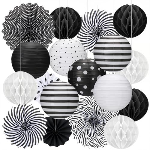 Retisee 18 Pcs Black and White Party Classroom Decoration Hanging Black White Paper Lanterns Paper Fans Honeycomb Balls Polka Dots Stripe Lanterns Decorative for School Classroom Decoration Supplies