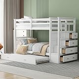 Harper & Bright Designs Twin Over Twin Bunk Bed with Trundle and Staircase, Solid Wood Bunk Bed for Kids Teens Adults (Natural White)