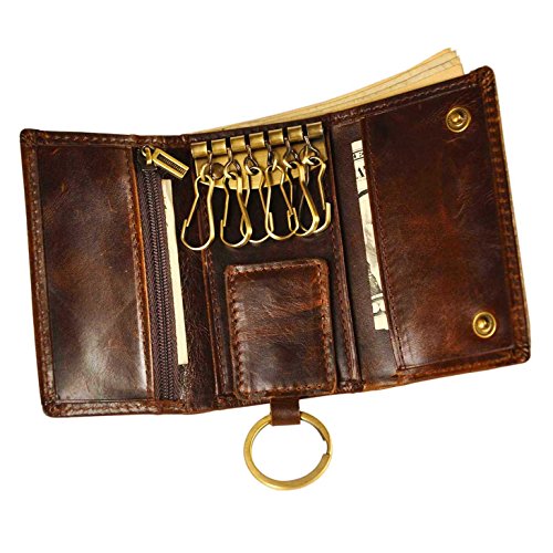 Le'aokuu Mens Genuine Leather Car Key Case Loop Hook Coin Case Cover Wallet Snap (Coffee 2)