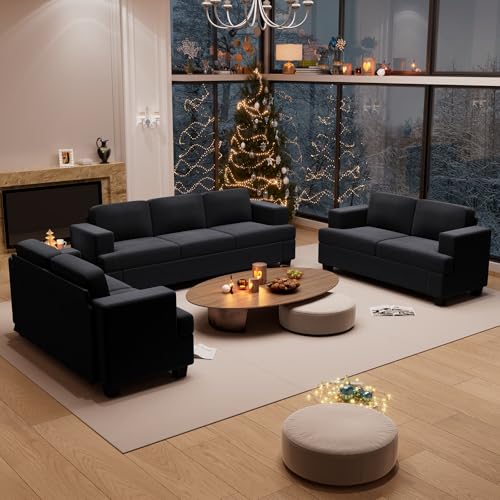 Fiona's magic 3 Pieces Corduroy Couch Set for Living Room, 7 Seats Cloud Sofa, Deep Seat Floor Couch for Bedroom, Futon Modern Sofa Bed, Black Corduroy