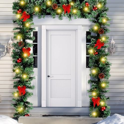 15ft Outdoor Christmas Garland with 100 Warm LED Pre-lit Artificial Christmas Garlands Decor Green Frosted Christmas Balls Red Bows Pine Cones Garland Christmas Collection for Home Garden