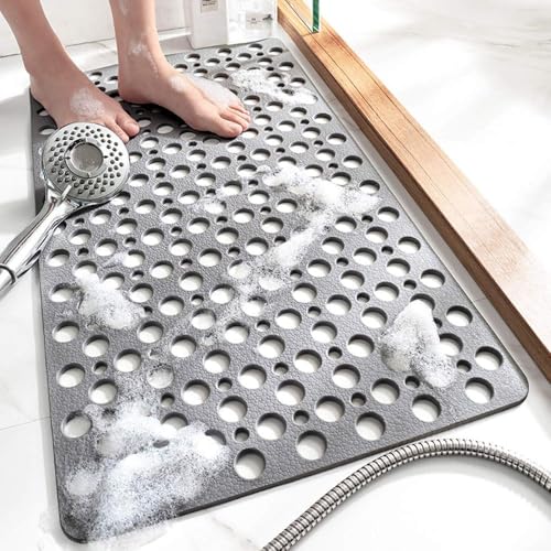 TEMIR Non Slip Bath Mat and Shower Mat with Suction Cups and Drain Holes, 30x17 in (75x43 cm), Soft Machine Washable Non Slip Bathtub mat, Shower Mats for Inside Shower, Easy Dry&Cut (Gray)