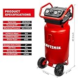 Craftsman Air Compressor, 20 Gallon Oil-Free 1.8 HP Max 175 PSI Pressure Two Quick Couplers Big Capacity, Red- CMXECXA0232043