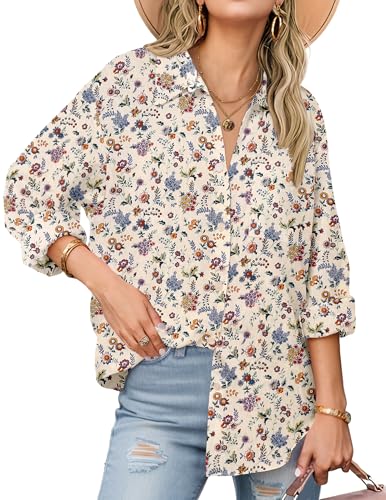 Zeagoo Khaki Linen Shirt Women Floral Printed Blouse Long Sleeve Button Up Tops Cream Floral