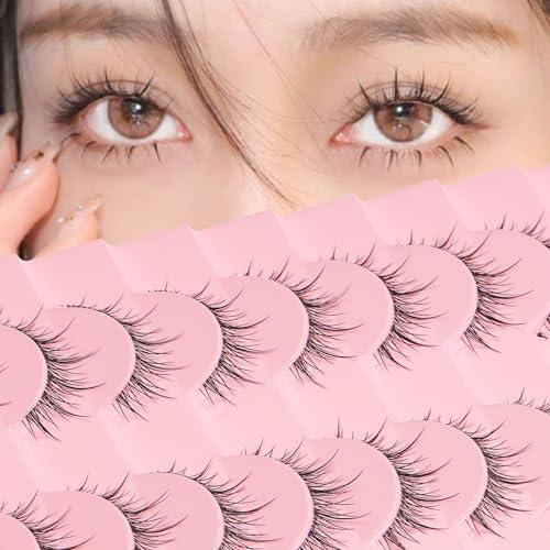 outopen 10 Pairs Manga Lashes Natural Look False Eyelashes Wispy Spiky Anime Lashes Korean Japanese Asian Style Cosplay Fake Eyelashes with Clear Band