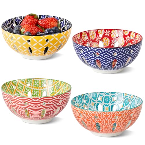 Metahom Ceramic Berry Basket, 6" Colorful Fruit Bowl, Round Berry Colander, Cute Small Container for Strawberry, Fruit Basket for Kitchen Counter, Set of 4