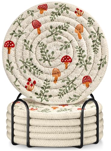 Kokaaee Cup Coasters for Drinks Absorbent - for Coffee Wooden Table Office Cute Farmhouse Outdoor Rustic Desk Kawaii Woven Women Kids Soft Cloth Braided Fabric Mushroom Coaster Set of 6 with Holder