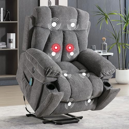 Phoenix Home Large Power Lift Recliner Chair with Massage and Heat for Elderly, Overstuffed Wide Recliners with 2 Cup Holders, Side Pocket and USB Port, Dark Gray