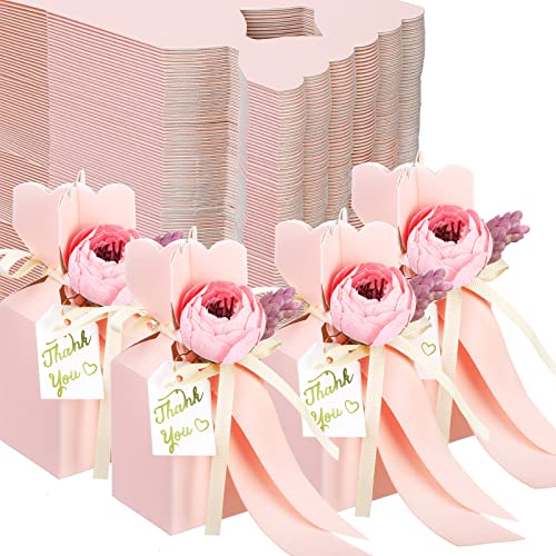 TaoBary 50 Pcs Bridal Shower DIY Wedding Favors Candy Boxes with Ribbon and Flower Flower Party Favor Boxes for Engagement, Wedding Decorations (Pink)